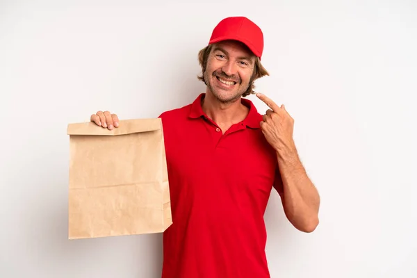 Adult Blond Man Smiling Confidently Pointing Own Broad Smile Delivery — Fotografia de Stock