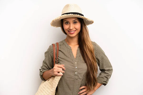 Asian Young Woman Smiling Happily Hand Hip Confident Summer Hat — Stock Photo, Image