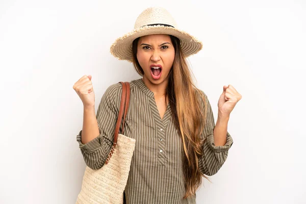 Asian Young Woman Shouting Aggressively Angry Expression Summer Hat Concept — 图库照片