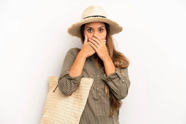 Asian Young Woman Covering Mouth Hands Shocked Summer Hat Concept — 图库照片