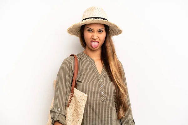 Asian Young Woman Feeling Disgusted Irritated Tongue Out Summer Hat — 图库照片