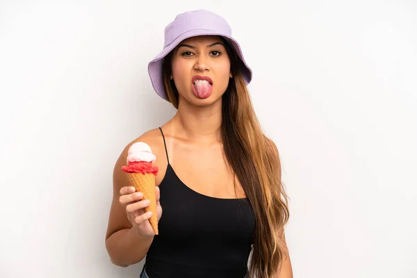 Asian Young Woman Feeling Disgusted Irritated Tongue Out Summer Ice — Foto de Stock