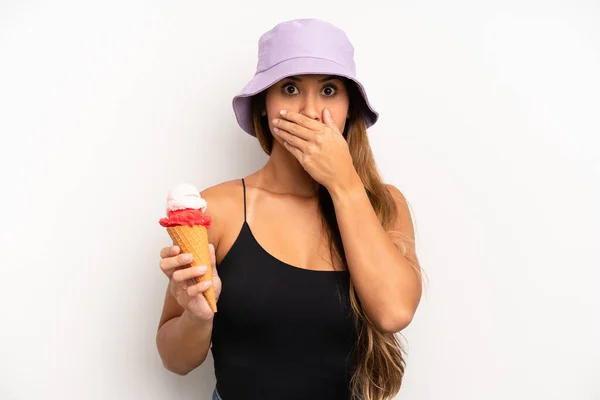 Asian Young Woman Covering Mouth Hands Shocked Summer Ice Cream — Stockfoto
