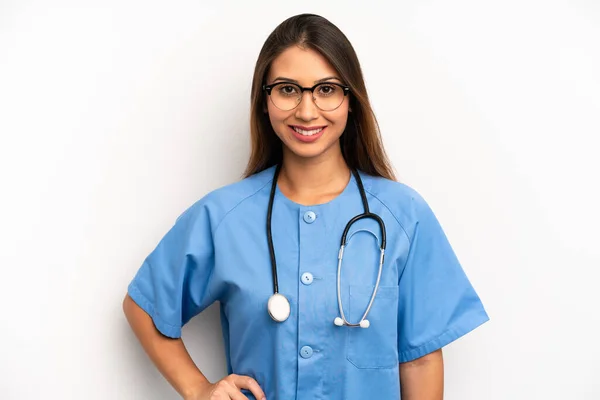 Asian Young Woman Smiling Happily Hand Hip Confident Nurse Doctor — Zdjęcie stockowe