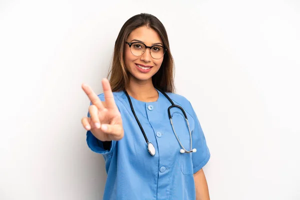 Asian Young Woman Smiling Looking Happy Gesturing Victory Peace Nurse — 图库照片