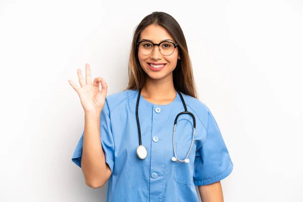 Asian Young Woman Feeling Happy Showing Approval Okay Gesture Nurse —  Fotos de Stock