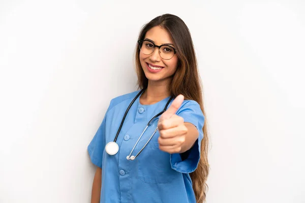 Asian Young Woman Feeling Proud Smiling Positively Thumbs Nurse Doctor — 图库照片