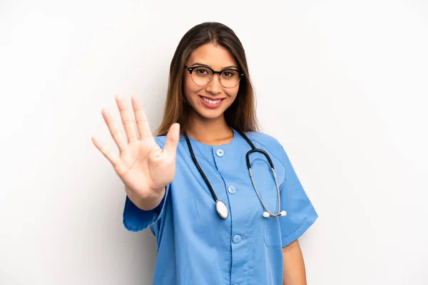 Asian Young Woman Smiling Looking Friendly Showing Number Five Nurse — Foto de Stock