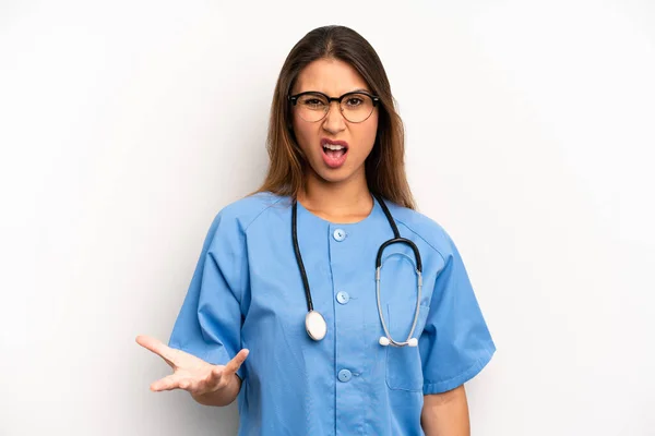 Asian Young Woman Looking Angry Annoyed Frustrated Nurse Doctor Concept — Stock Photo, Image