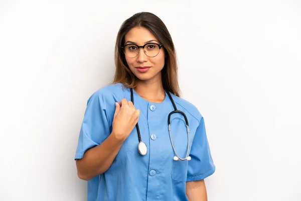 Asian Young Woman Looking Arrogant Successful Positive Proud Nurse Doctor — 图库照片