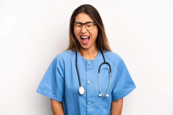 Asian Young Woman Shouting Aggressively Looking Very Angry Nurse Doctor — Stock Photo, Image