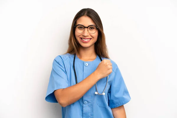 Asian Young Woman Feeling Happy Facing Challenge Celebrating Nurse Doctor — Stockfoto