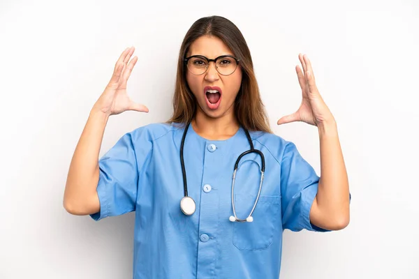 Asian Young Woman Screaming Hands Air Nurse Doctor Concept — Zdjęcie stockowe
