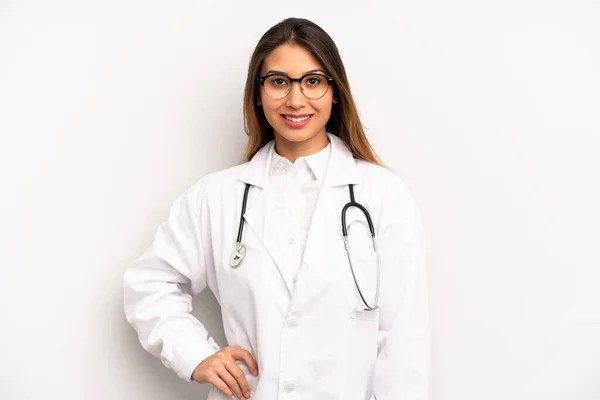 Asian Young Woman Smiling Happily Hand Hip Confident Doctor Concept — Zdjęcie stockowe