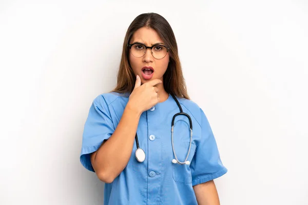 Asian Young Woman Mouth Eyes Wide Open Hand Chin Nurse — Stock Photo, Image