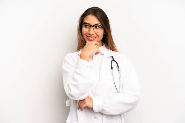 Asian Young Woman Smiling Happy Confident Expression Hand Chin Doctor — Stock Photo, Image