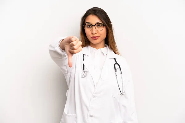 Asian Young Woman Feeling Cross Showing Thumbs Doctor Concept — Zdjęcie stockowe