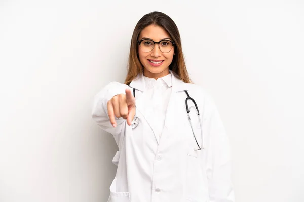 Asian Young Woman Pointing Camera Choosing You Doctor Concept — Foto Stock