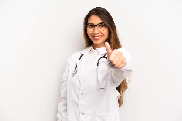Asian Young Woman Feeling Proud Smiling Positively Thumbs Doctor Concept — Zdjęcie stockowe
