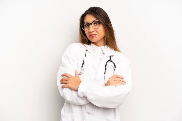 Asian Young Woman Shrugging Feeling Confused Uncertain Doctor Concept — Stock Fotó