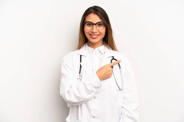 Asian Young Woman Smiling Cheerfully Feeling Happy Pointing Side Doctor — Zdjęcie stockowe