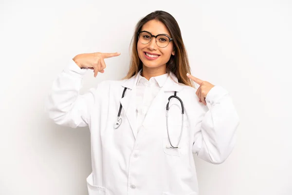 Asian Young Woman Smiling Confidently Pointing Own Broad Smile Doctor — Zdjęcie stockowe