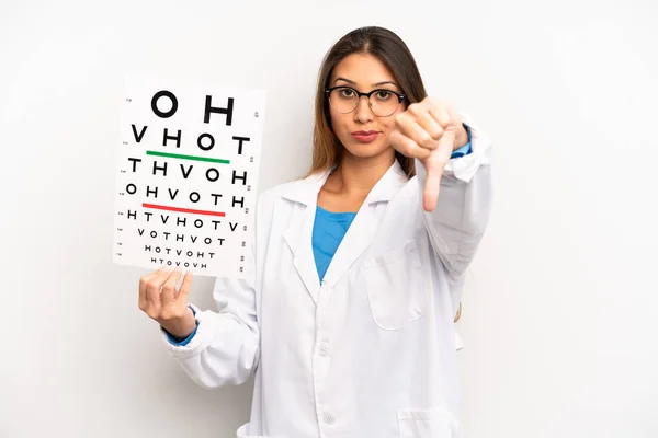 Asian Young Woman Feeling Cross Showing Thumbs Optical Vision Test —  Fotos de Stock