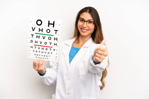 Asian Young Woman Feeling Proud Smiling Positively Thumbs Optical Vision — Φωτογραφία Αρχείου