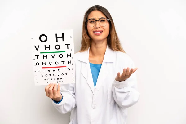 Asian Young Woman Looking Desperate Frustrated Stressed Optical Vision Test — Φωτογραφία Αρχείου