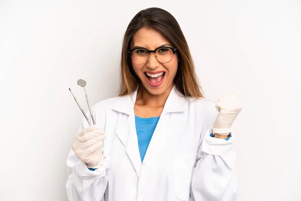 Asian Young Woman Feeling Shocked Laughing Celebrating Success Dentist Student — Stok fotoğraf