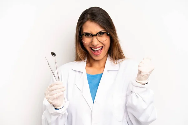 Asian Young Woman Shouting Aggressively Angry Expression Dentist Student Concept — Fotografia de Stock