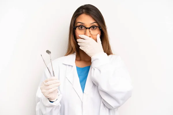 Asian Young Woman Covering Mouth Hands Shocked Dentist Student Concept — Φωτογραφία Αρχείου