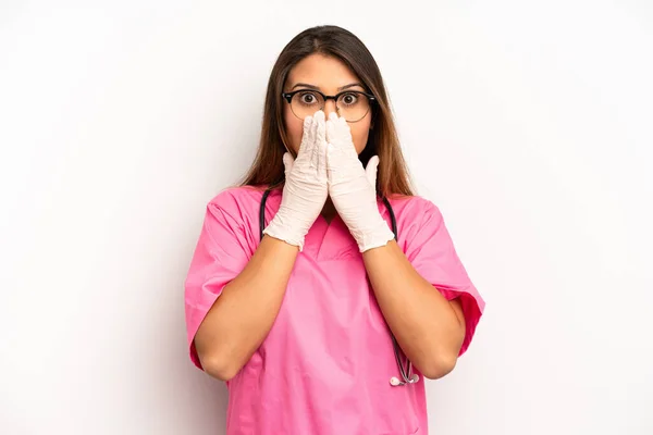 Asian Young Woman Covering Mouth Hands Shocked Veterinarian Student Concept — Foto Stock