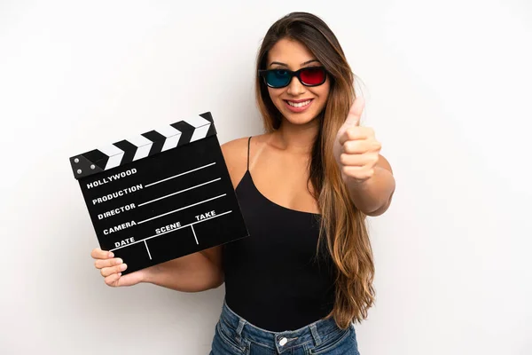 Asian Young Woman Feeling Proud Smiling Positively Thumbs Movie Film — Stok fotoğraf