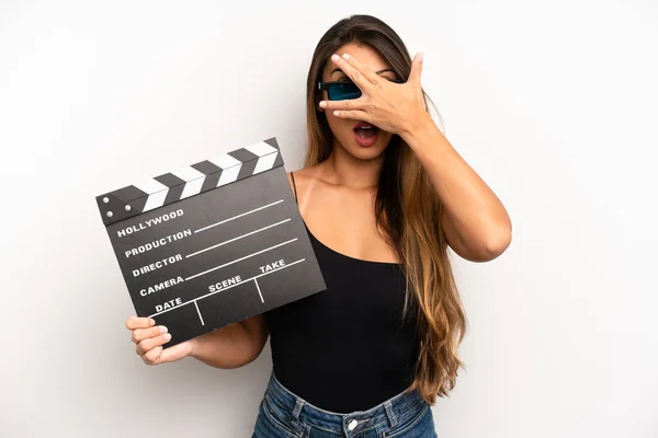 Asian Young Woman Looking Shocked Scared Terrified Covering Face Hand — Foto Stock