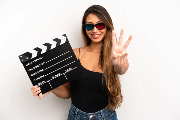Asian Young Woman Smiling Looking Friendly Showing Number Three Movie — Stock Photo, Image