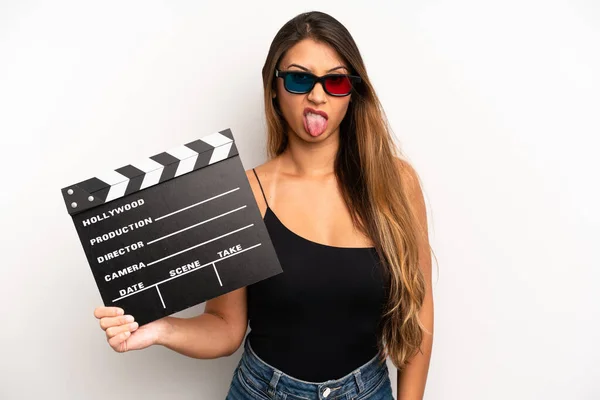 Asian Young Woman Feeling Disgusted Irritated Tongue Out Movie Film — Stockfoto