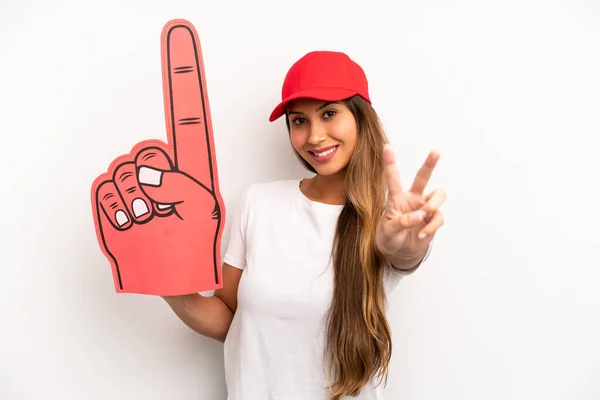 Asian Young Woman Smiling Looking Happy Gesturing Victory Peace Number — Stockfoto