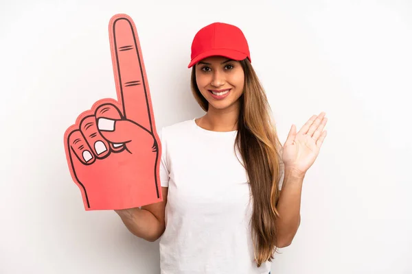 Asian Young Woman Smiling Happily Waving Hand Welcoming Greeting You — Stockfoto