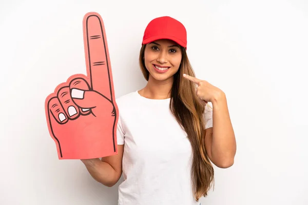 Asian Young Woman Smiling Confidently Pointing Own Broad Smile Number — Stock Photo, Image