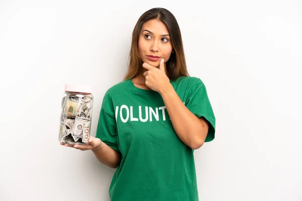 Asian Young Woman Thinking Feeling Doubtful Confused Donation Volunteer Concept — Photo