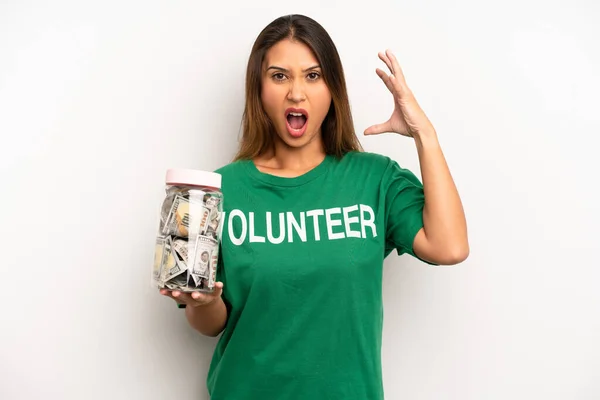 Asian Young Woman Screaming Hands Air Donation Volunteer Concept — Foto de Stock