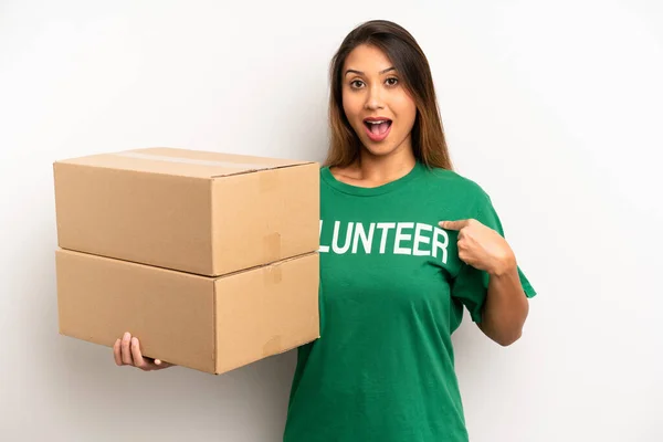 Asian Young Woman Feeling Happy Pointing Self Excited Donation Volunteer — Foto Stock