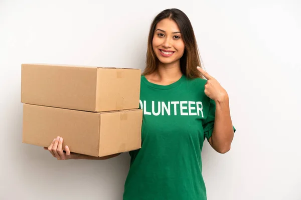 Asian Young Woman Smiling Confidently Pointing Own Broad Smile Donation — ストック写真