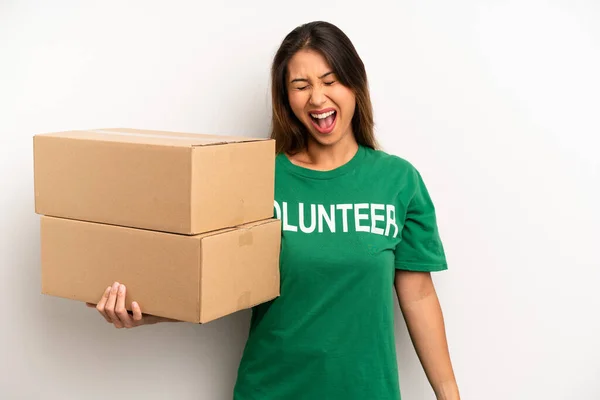 Asian Young Woman Shouting Aggressively Looking Very Angry Donation Volunteer — Foto Stock