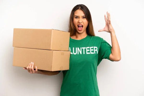 Asian Young Woman Screaming Hands Air Donation Volunteer Concept — Stockfoto