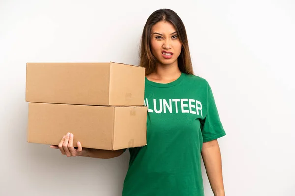 Asian Young Woman Feeling Puzzled Confused Donation Volunteer Concept — Stock Photo, Image