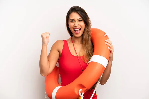 Asian Young Woman Feeling Shocked Laughing Celebrating Success Lifeguard Concept — стоковое фото