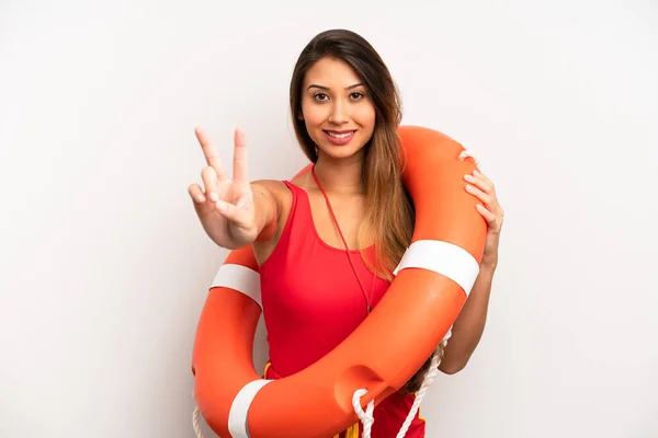 Asian Young Woman Smiling Looking Happy Gesturing Victory Peace Lifeguard — Stock Photo, Image