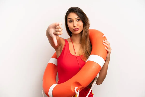 Asian Young Woman Feeling Cross Showing Thumbs Lifeguard Concept — стоковое фото